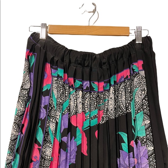 Vintage Floral Pleated Midi Skirt Pink Purple Black Green - Picture 3 of 9